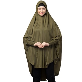 stretchable ruffle sleeve prayer khimar Hijab - Olive